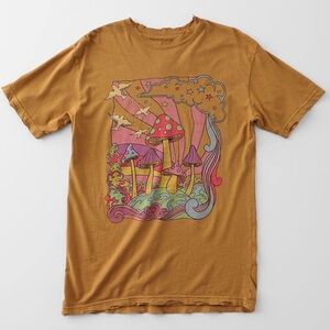 American Highway Buckle BKE Yellow Mushroom Graphic Tee Boho Distressed Lg